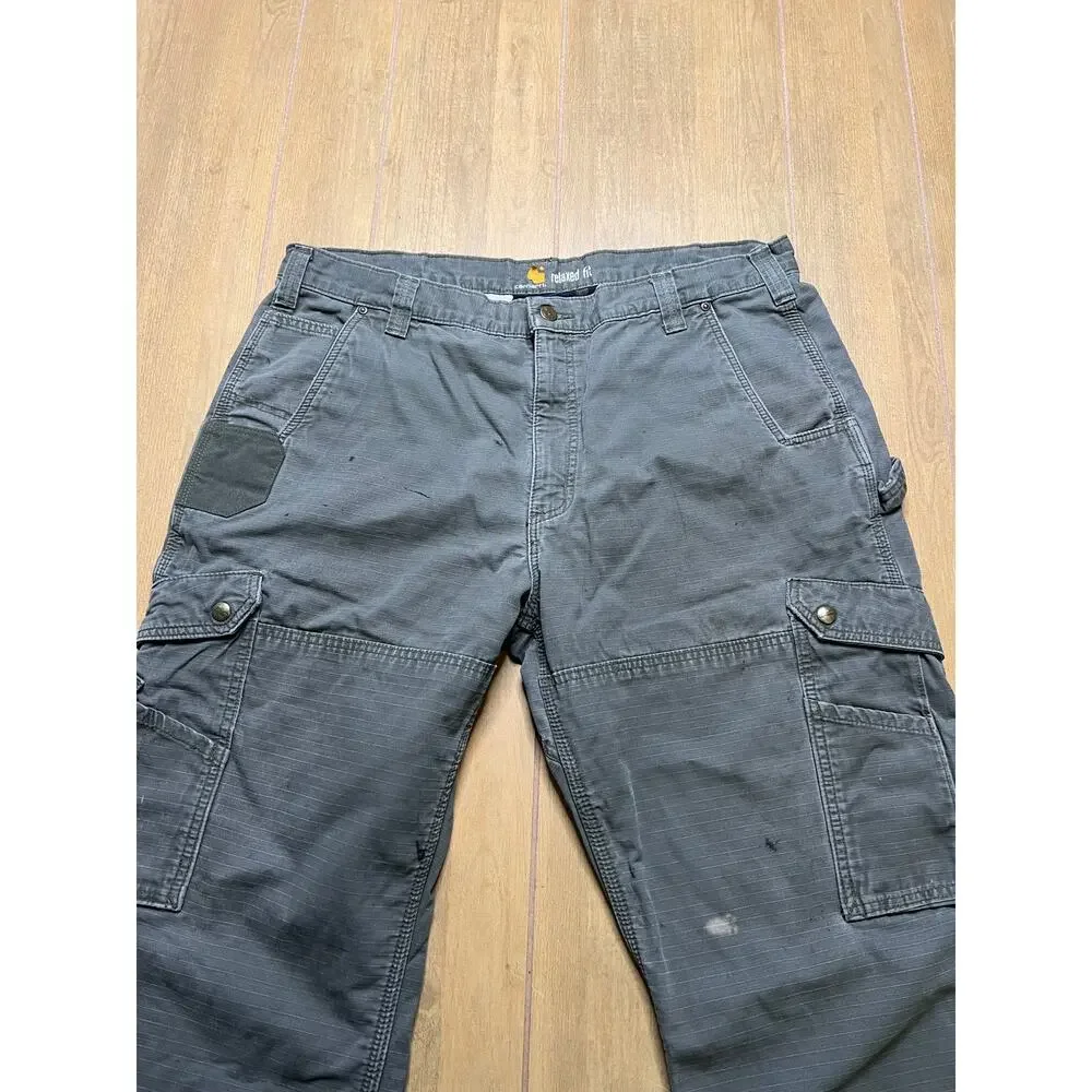 Vintage Carhartt Green Ripstop‎ Cargo Double Knee flannel-lined Actual Sz 38x30